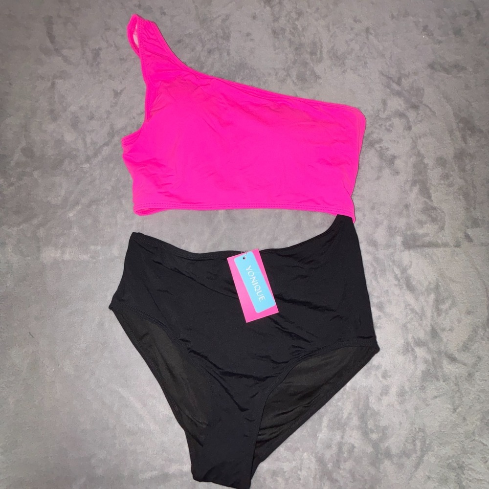 Yonique Swimsuit‎ Bikini Set Womens Medium Pink Black High Waisted One Shoulder